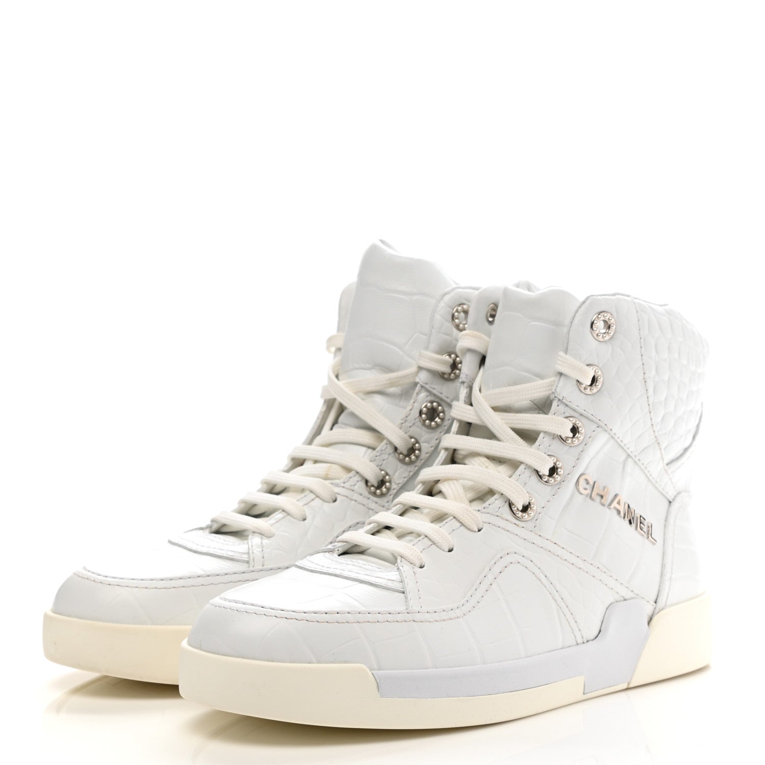 Chanel Calfskin Crocodile Embossed Cocodile High Top Sneakers 40 White 3 of 10