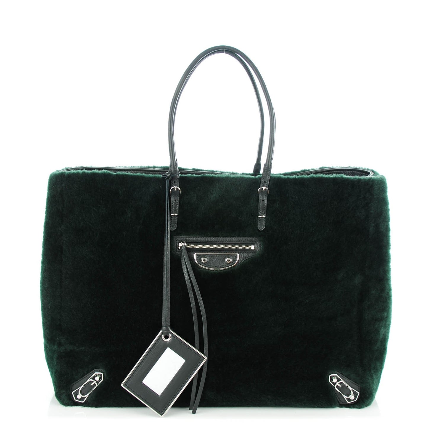 Shearling Silver Metallic Edge Hardware Papier A4 Tote Vert Sapin