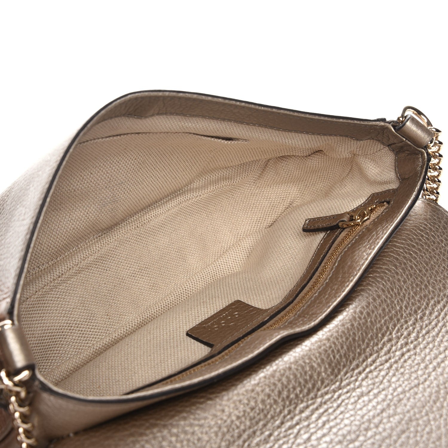Gucci Metallic Pebbled Calfskin Medium Soho Flap Crossbody Golden Beige 5 of 7