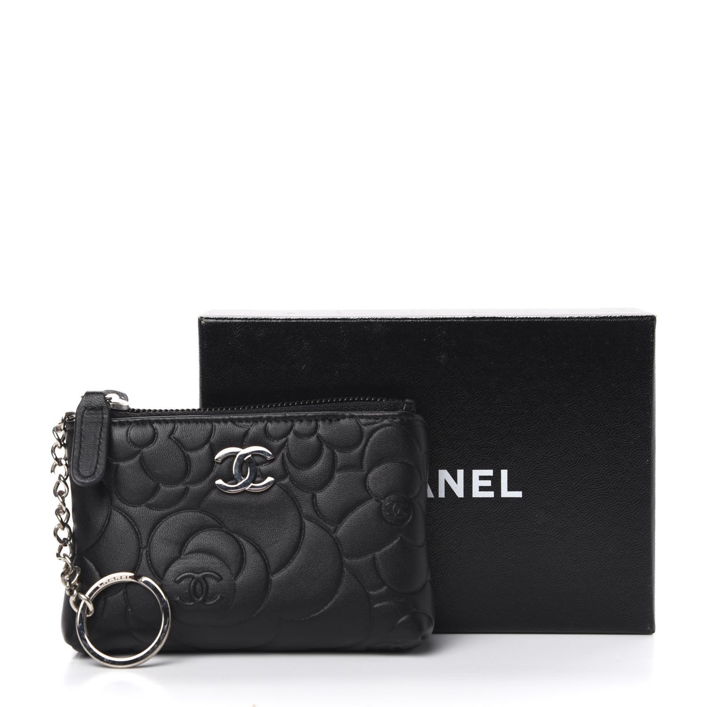 Lambskin Camellia Embossed Key Holder Case Black