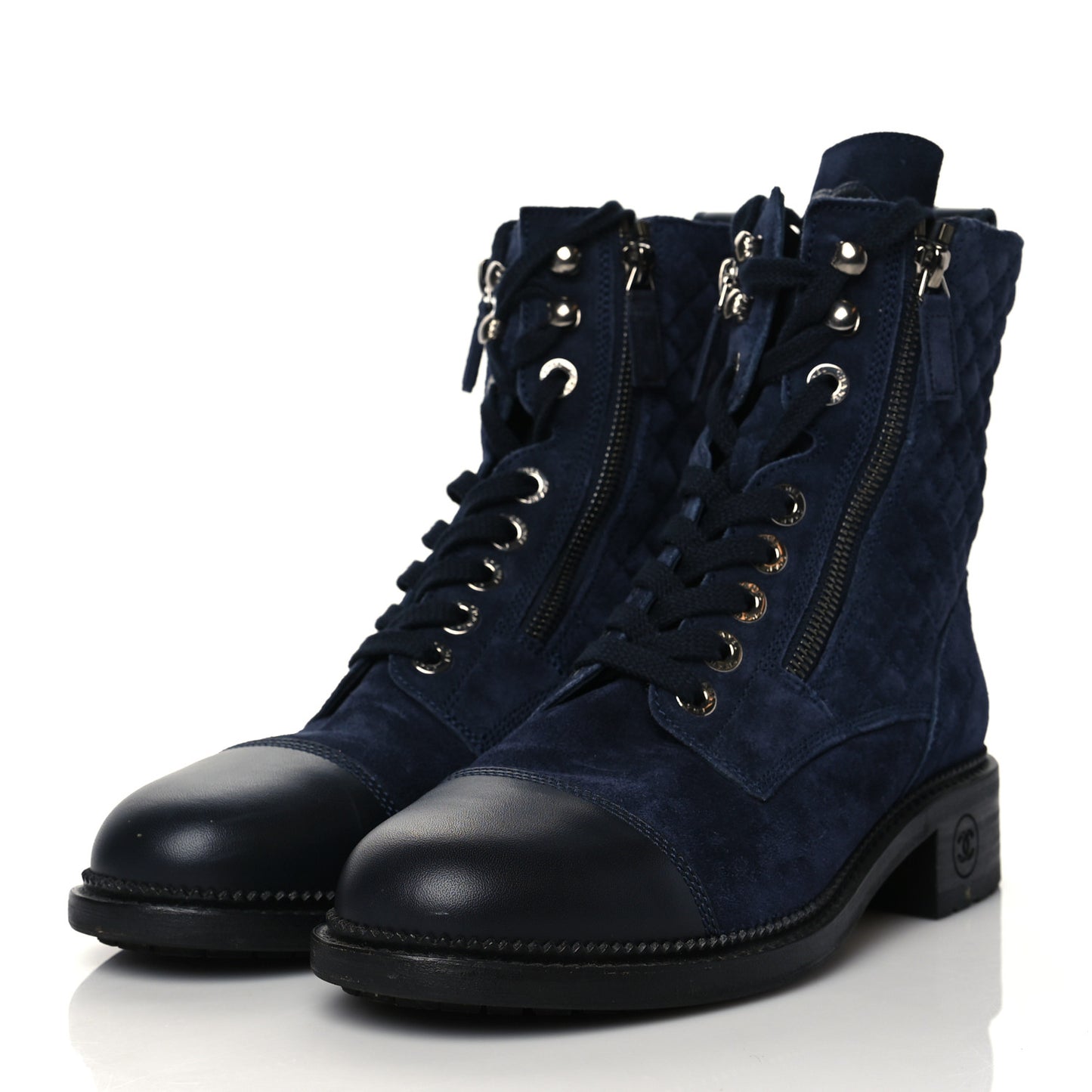 Suede Quilted CC Lace Up Combat Boots 39 Navy Black