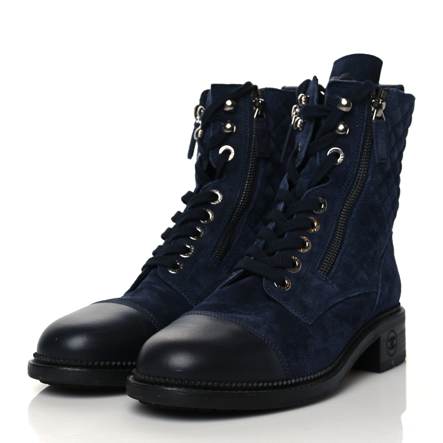 Chanel Suede Quilted CC Lace Up Combat Boots 39 Navy Black 3 of 8