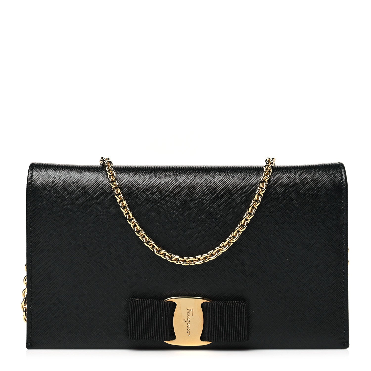 Salvatore Ferragamo Hammered Calfskin Vara Wallet On Chain Black 1 of 10