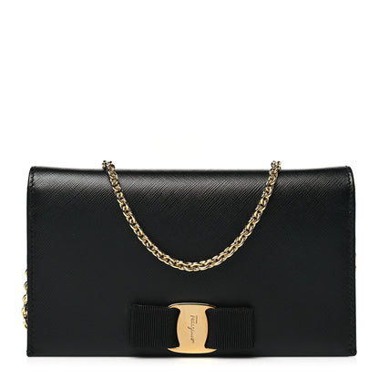 Salvatore Ferragamo Hammered Calfskin Vara Wallet On Chain Black 1 of 10