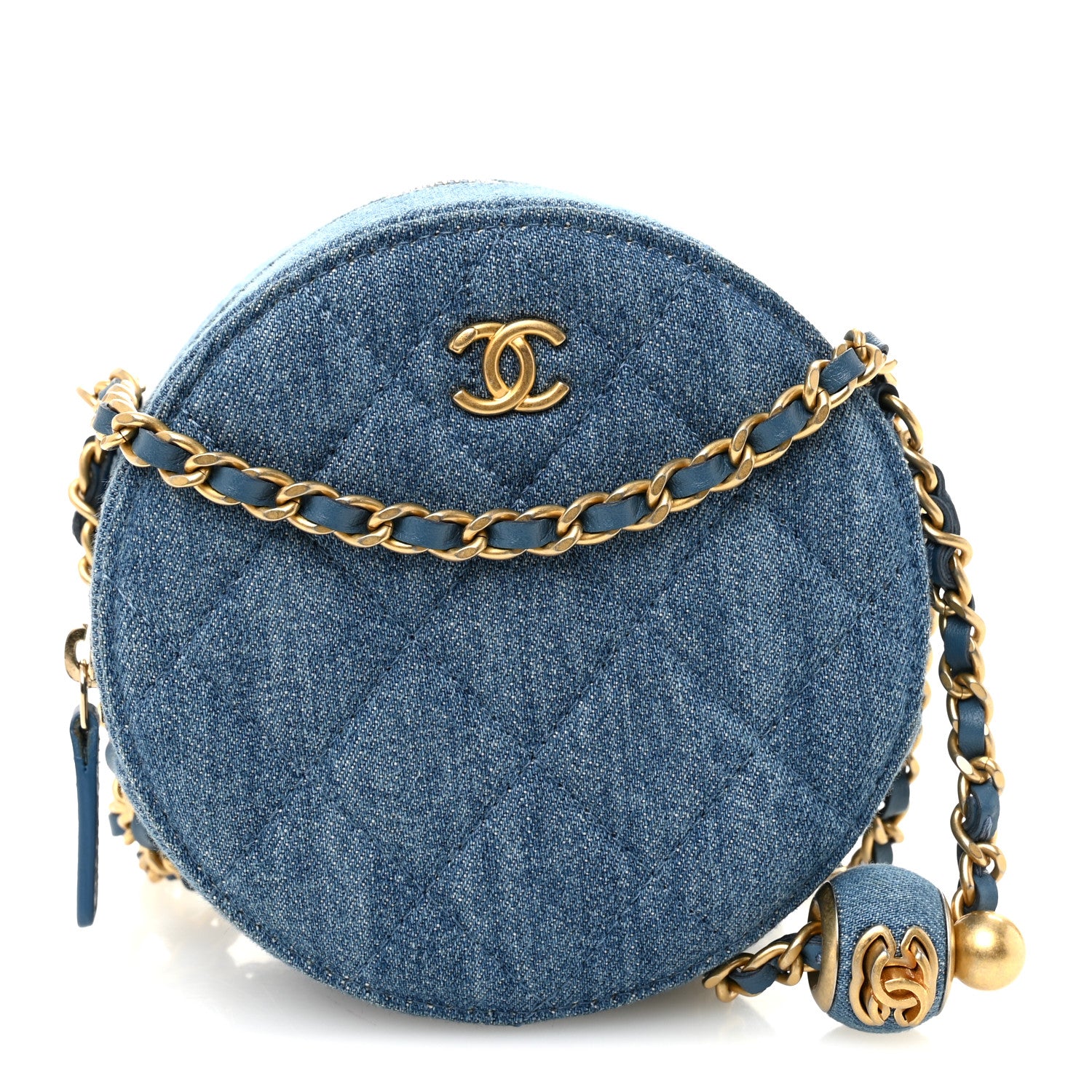 Chanel Denim Quilted Round Pearl Crush Clutch With Chain Blue 1 of 10