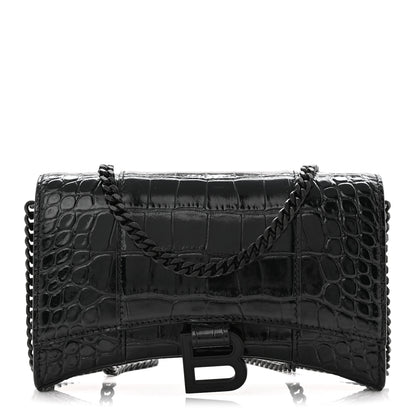 Balenciaga Shiny Calfskin Monochrome Crocodile Embossed Hourglass Chain Bag Black 2 of 17