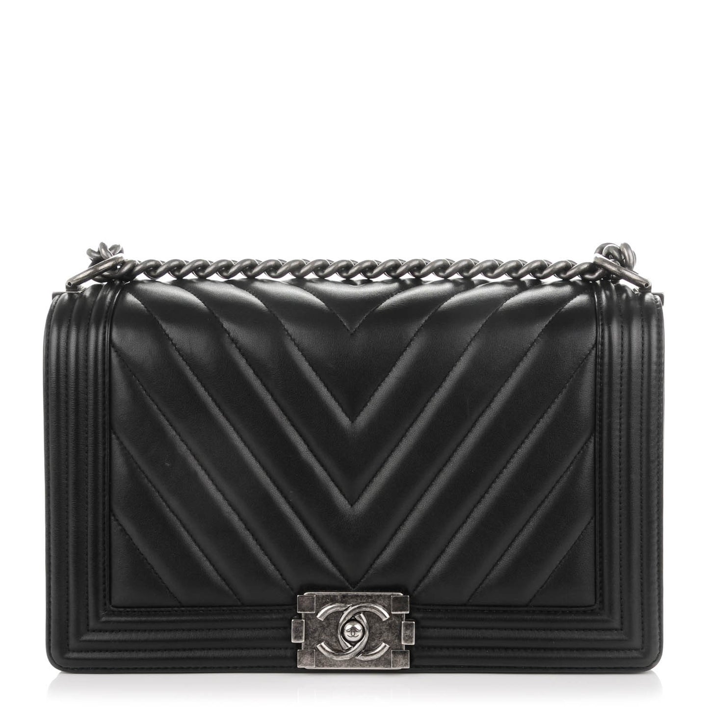 Calfskin Chevron Quilted Medium Boy Flap Black