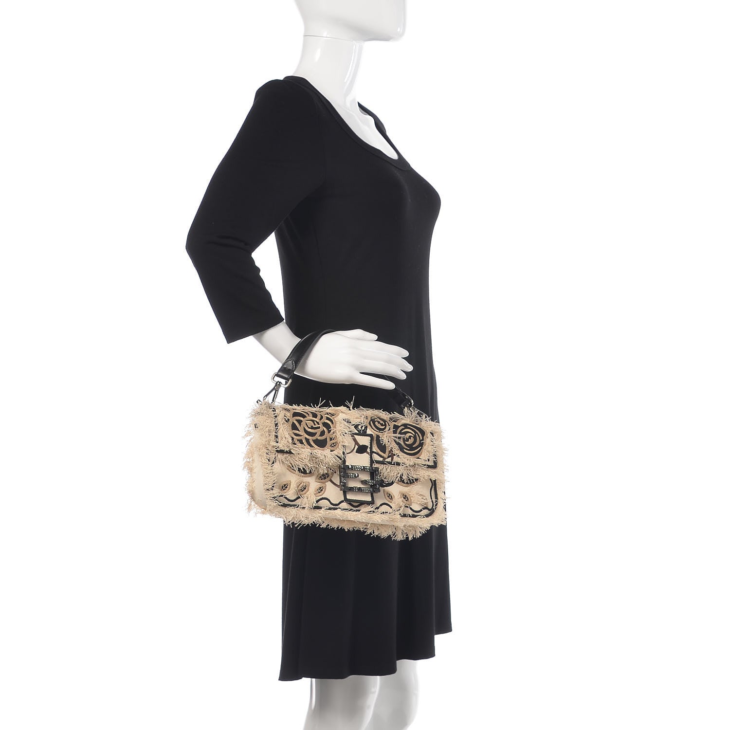 Fendi Canvas Nappa Rose Embroidered Baguette Grezzo Black 3 of 9