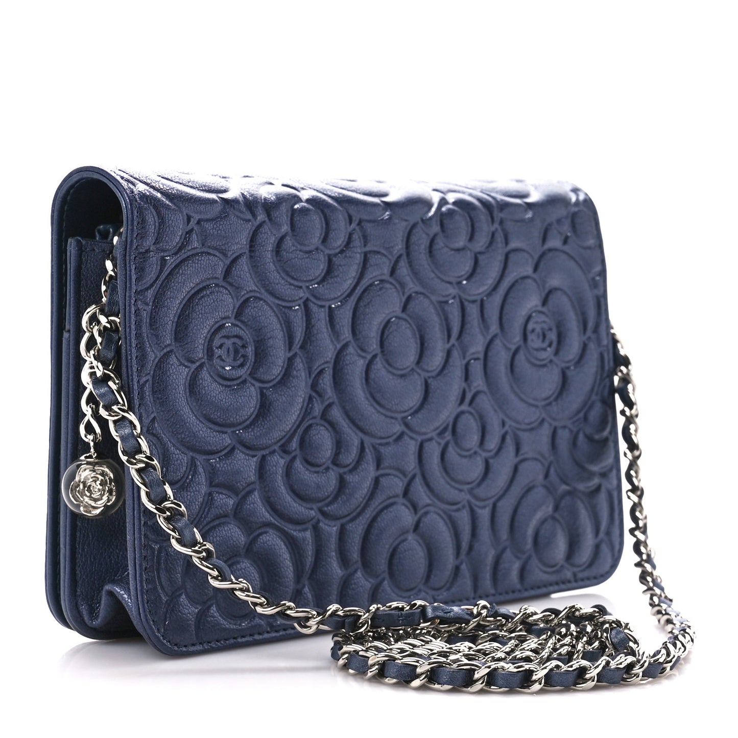 Goatskin Camellia Embossed Wallet On Chain WOC Blue
