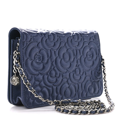 Chanel Goatskin Camellia Embossed Wallet On Chain WOC Blue 3 of 11