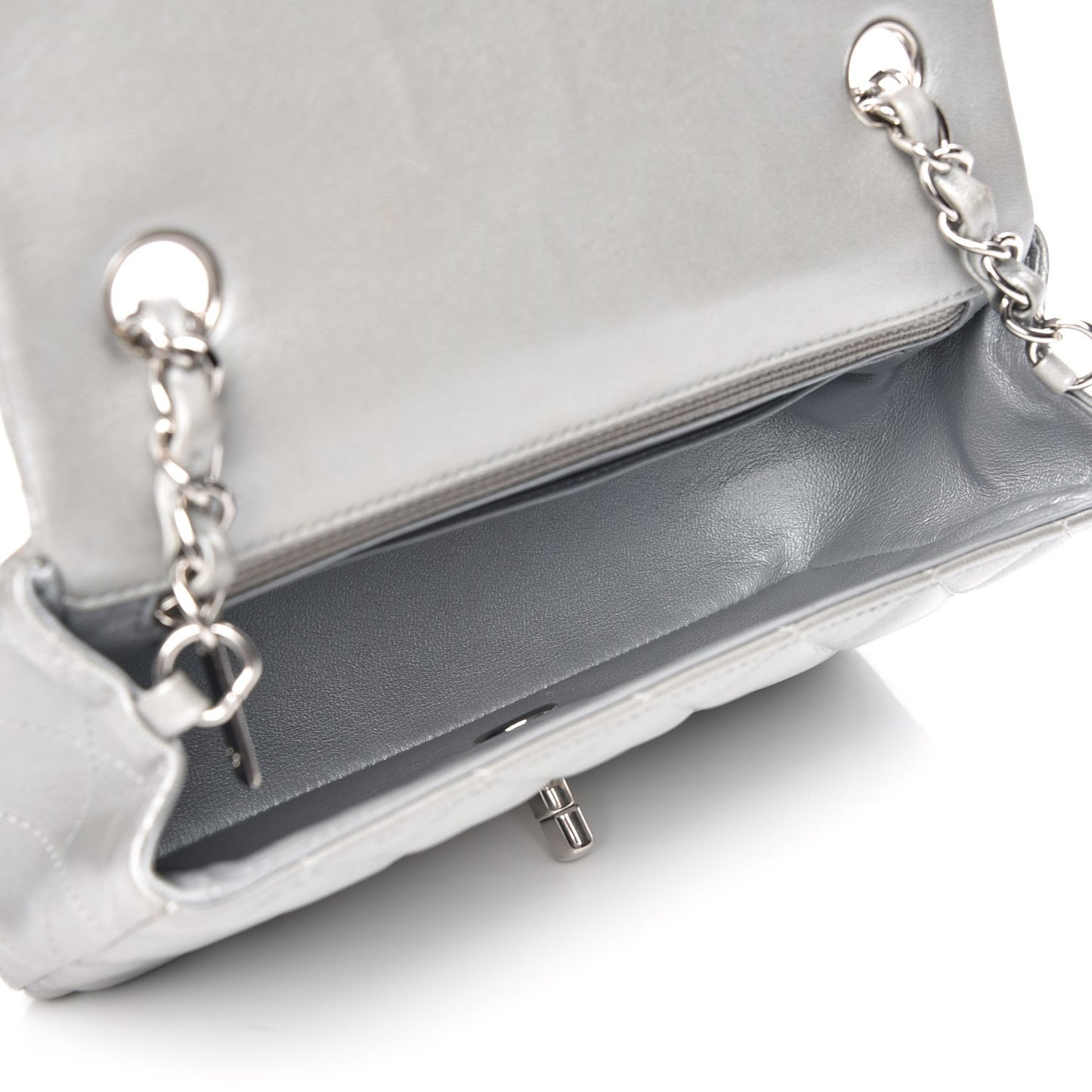 Metallic Lambskin Quilted Mini Rectangular Flap Silver