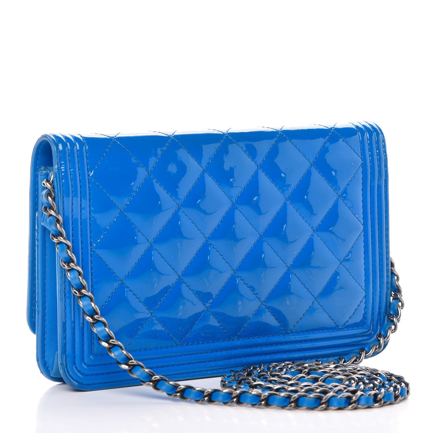 Patent Calfskin Quilted Boy Wallet On Chain WOC Blue