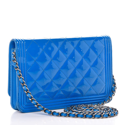 Chanel Patent Calfskin Quilted Boy Wallet On Chain WOC Blue 3 of 17