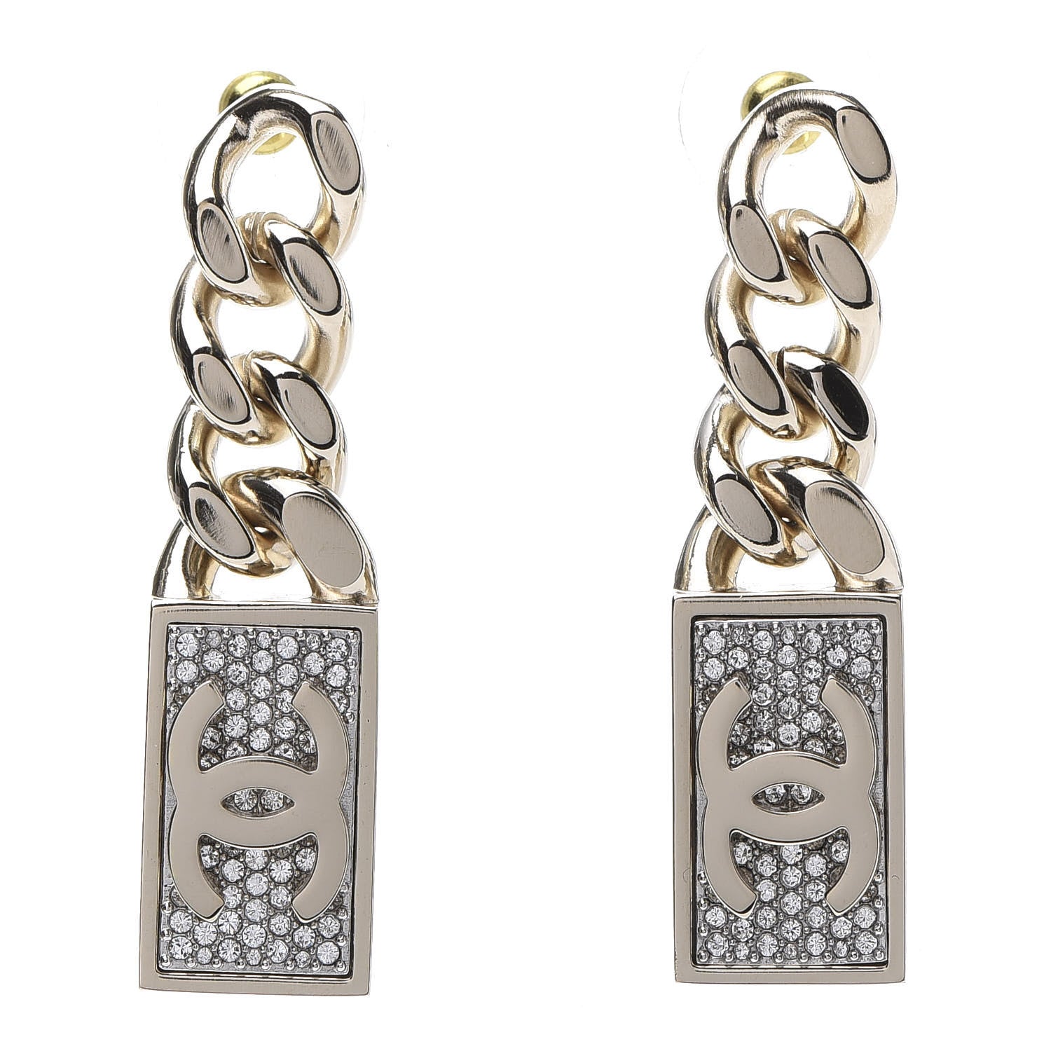 Chanel Crystal Dog Tag Charm Earrings Gold 1 of 5