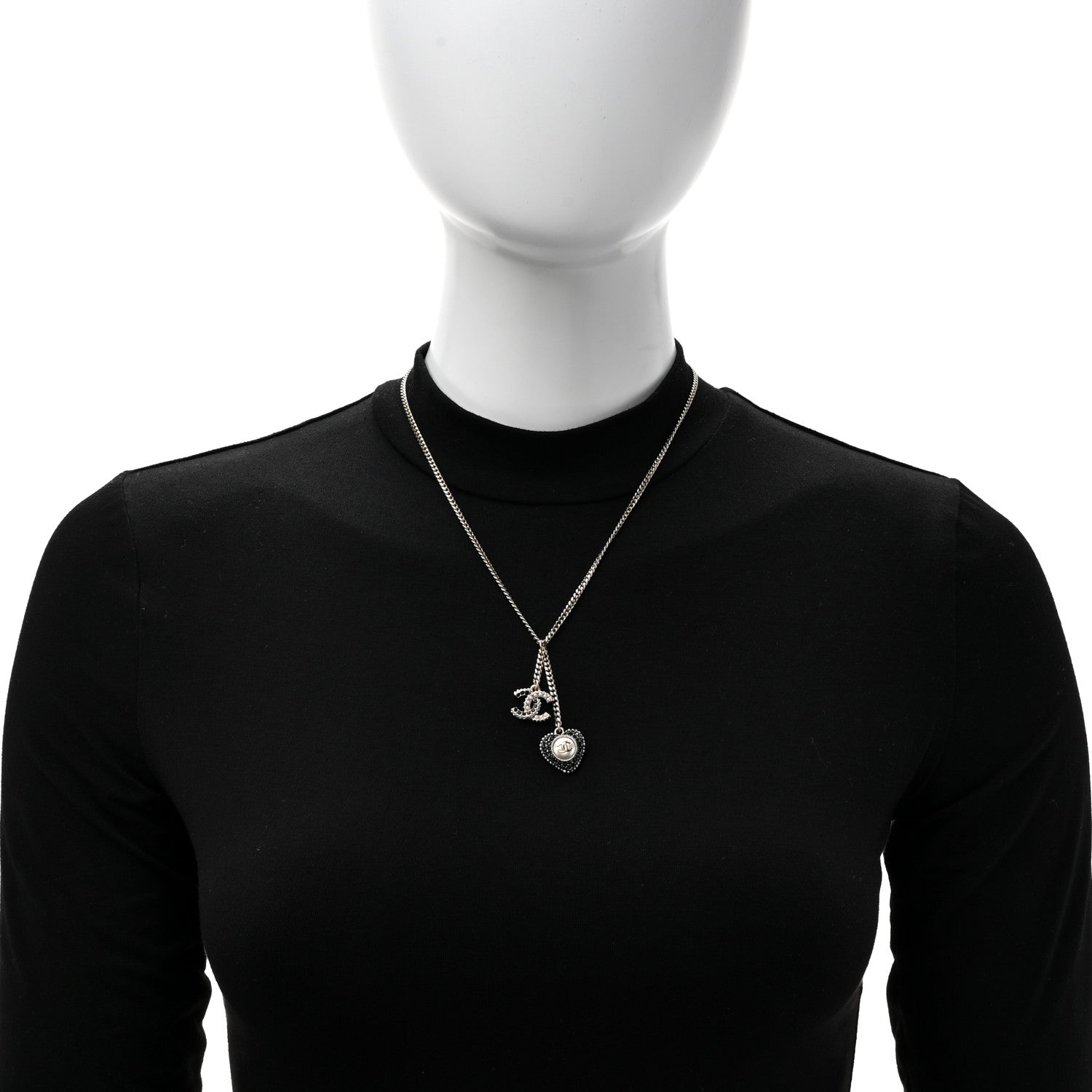 Chanel Crystal CC Heart Necklace Black Pearly White Gold 3 of 5