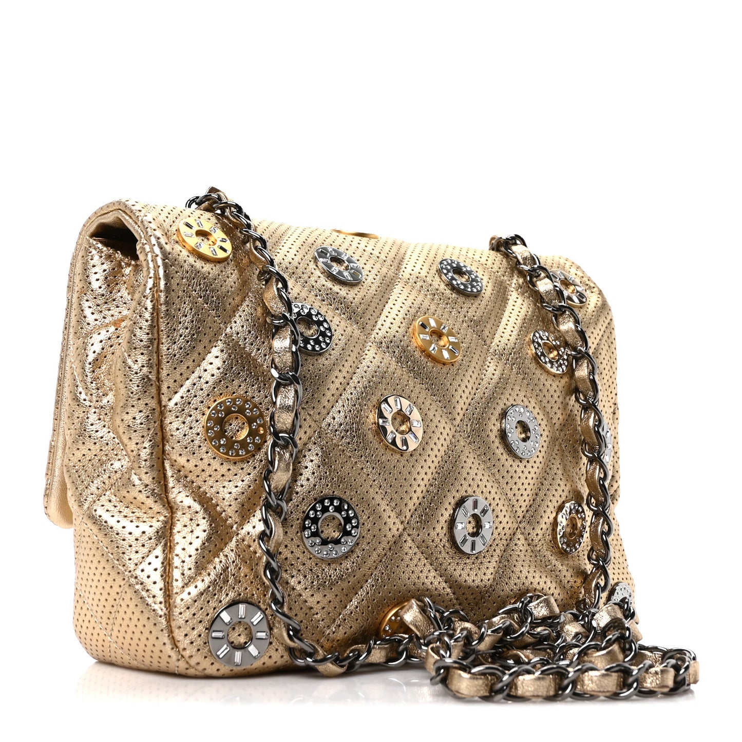 Perforated Metallic Lambskin Small CC Medals Flap Gold