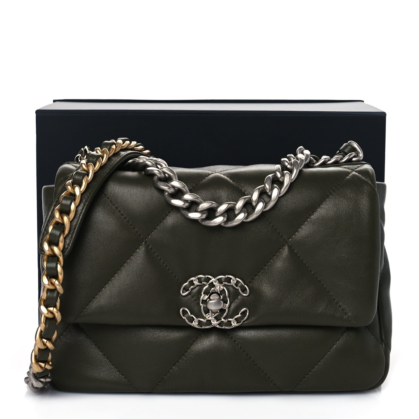 Lambskin Quilted Medium Chanel 19 Flap Khaki