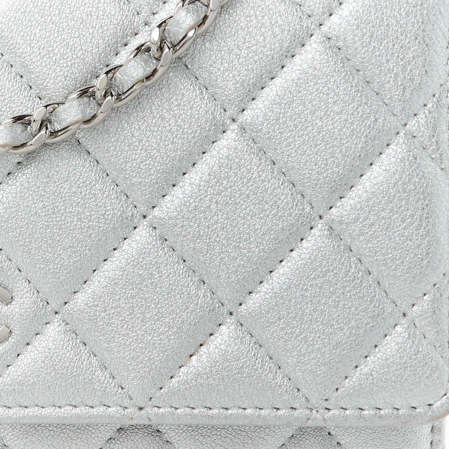 Metallic Lambskin Quilted Wallet On Chain WOC Silver