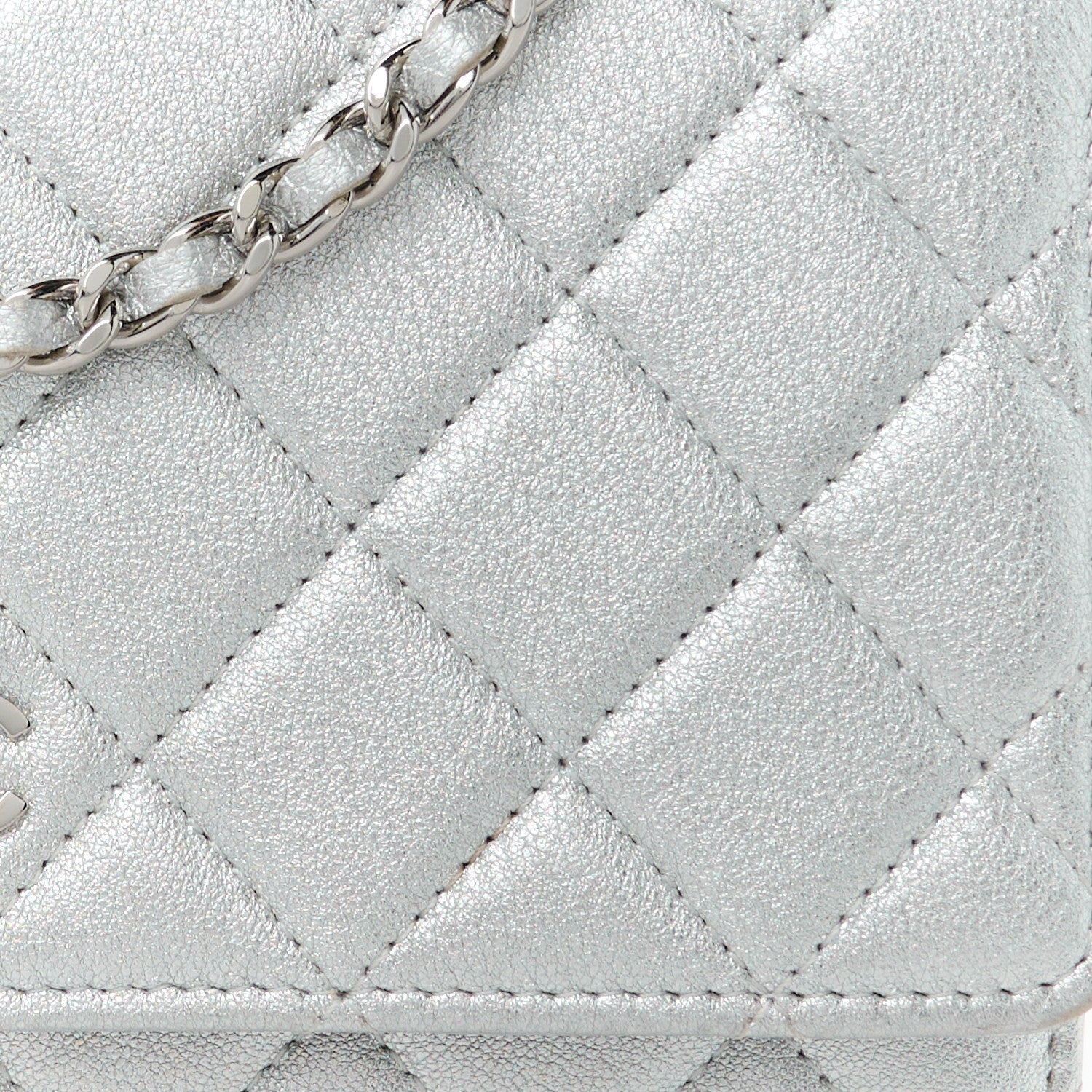 Chanel Metallic Lambskin Quilted Wallet On Chain WOC Silver 9 of 12