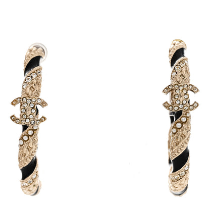 Chanel Crystal Pearl Twist CC Hoop Earrings Gold Black 1 of 7
