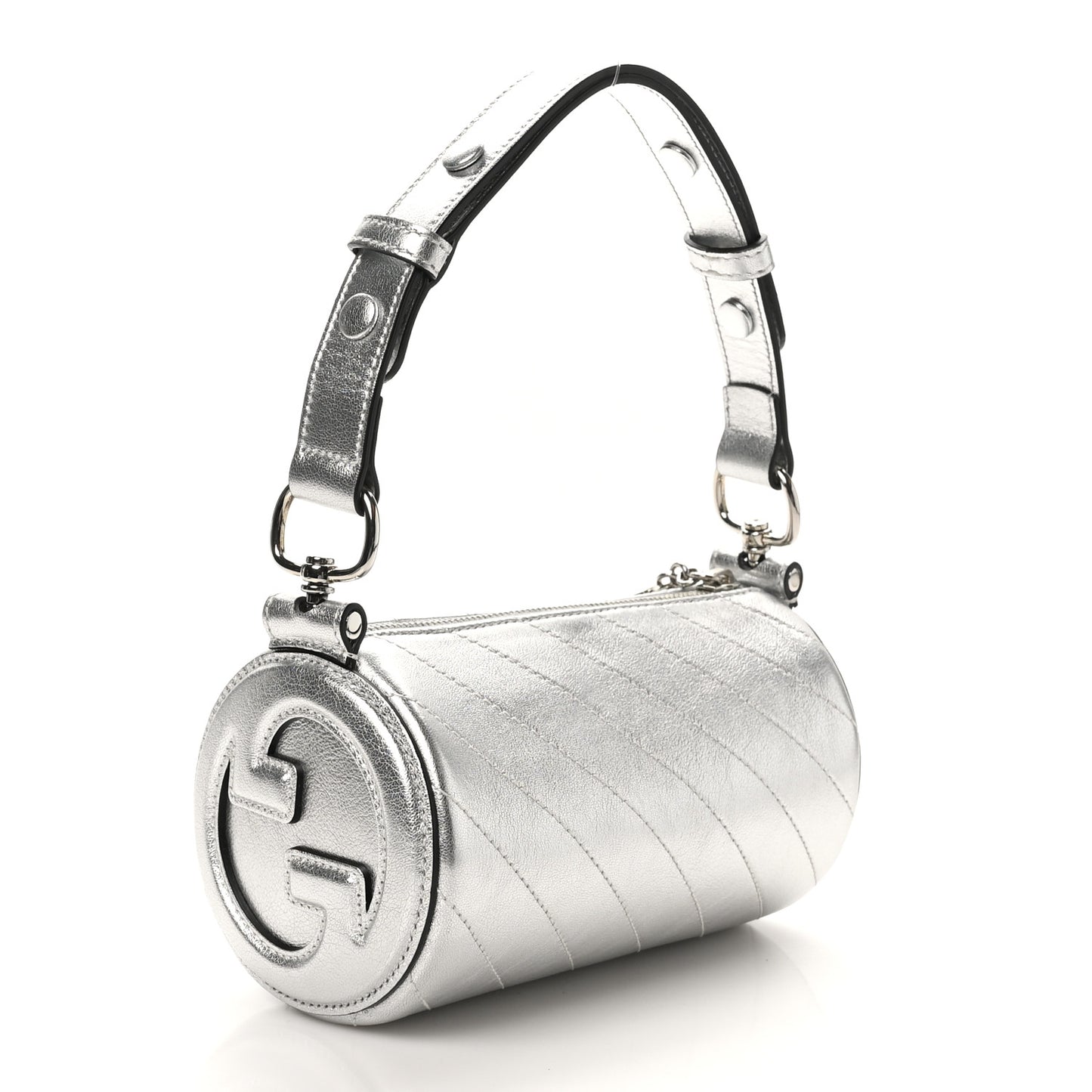 Sakai Be Green Calfskin Diagonal Stitched Mini Blondie Barrel Shoulder Bag Silver
