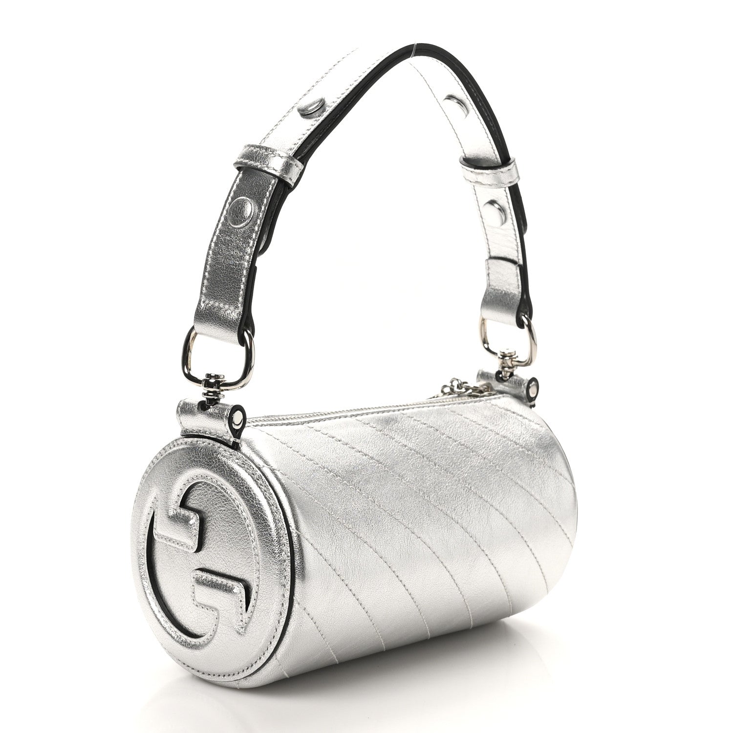 Gucci Sakai Be Green Calfskin Diagonal Stitched Mini Blondie Barrel Shoulder Bag Silver 3 of 9
