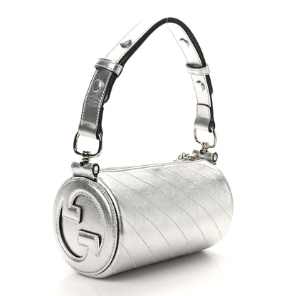 Gucci Sakai Be Green Calfskin Diagonal Stitched Mini Blondie Barrel Shoulder Bag Silver 3 of 9