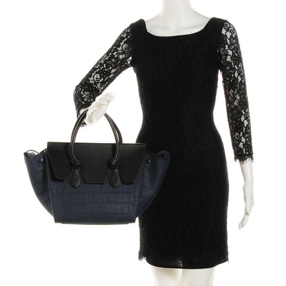 Celine Smooth Calfskin Nubuck Crocodile Embossed Small Tie Tote Navy 2 of 7