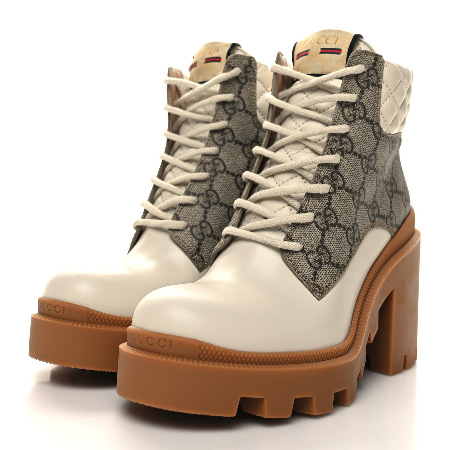 Calfskin GG Supreme Monogram Nappa Quilted Lace Up Ankle Boots 36.5 Mystic White Beige