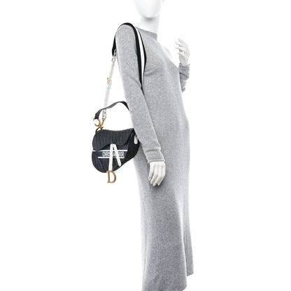 Christian Dior CHRISTIAN DIOR Calfskin Embossed Oblique Vibe Saddle Bag With Strap Black White 2 of 9