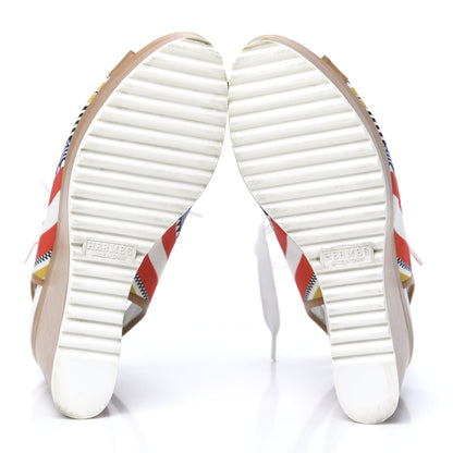 Hermes Calfskin Toile Lace Up Wedge Sandals 38 5 of 9