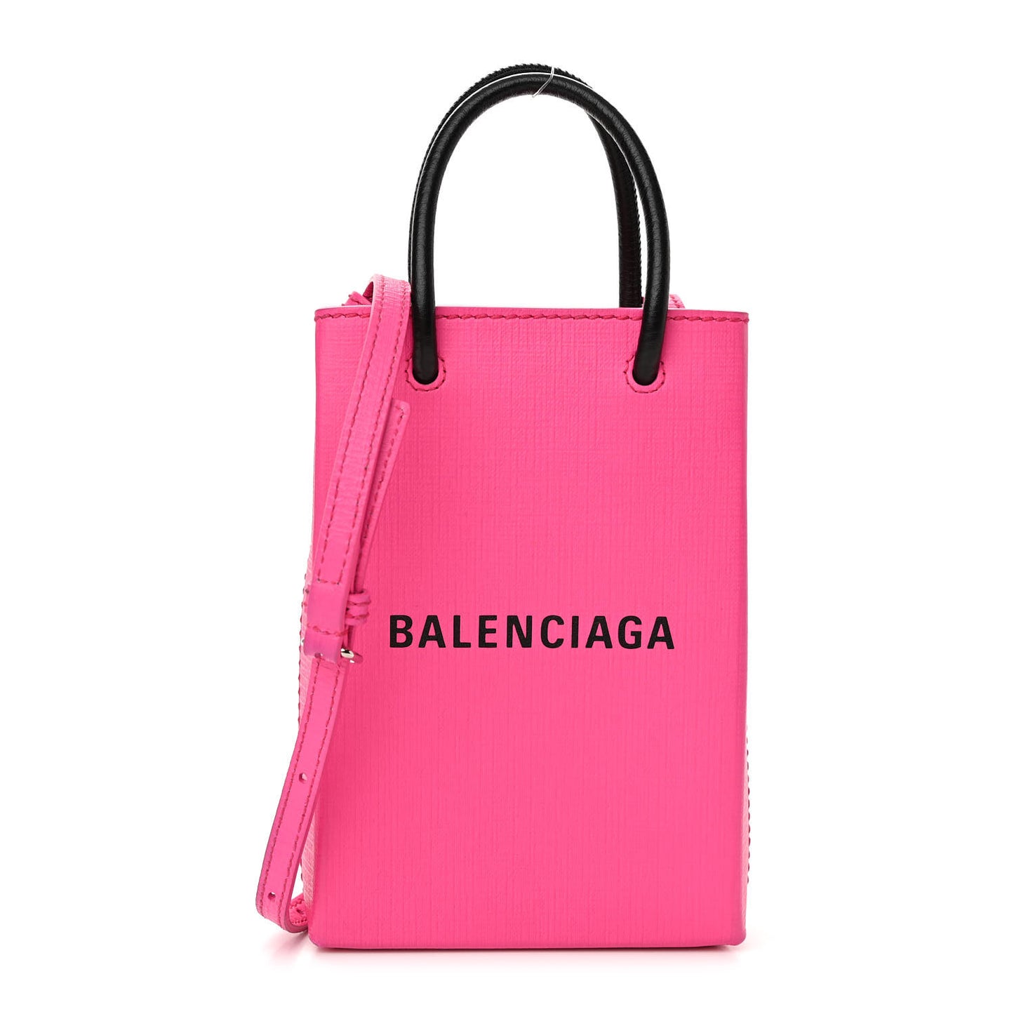 Squared Calfskin Logo Shopping Phone Holder Bag Acid Fuchsia