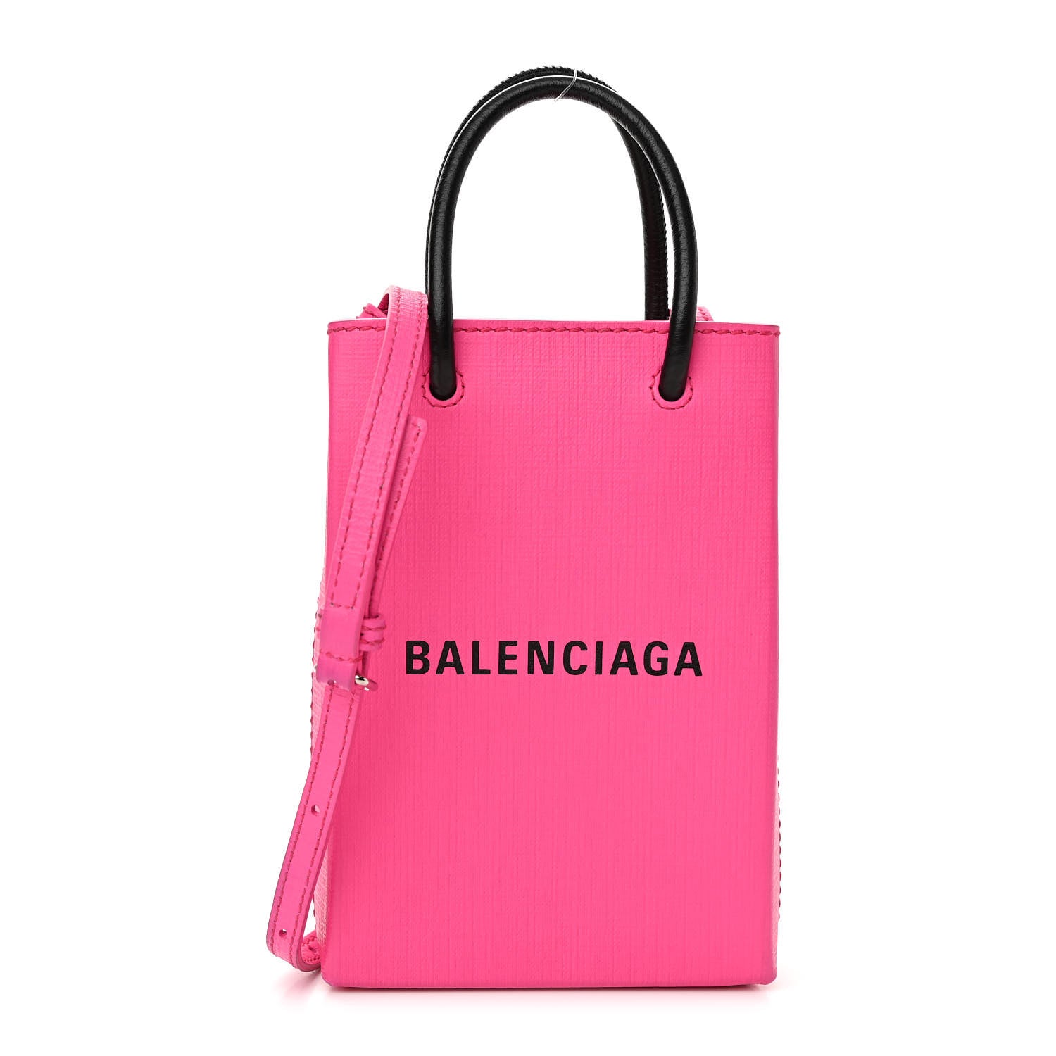 Balenciaga Squared Calfskin Logo Shopping Phone Holder Bag Acid Fuchsia 1 of 9