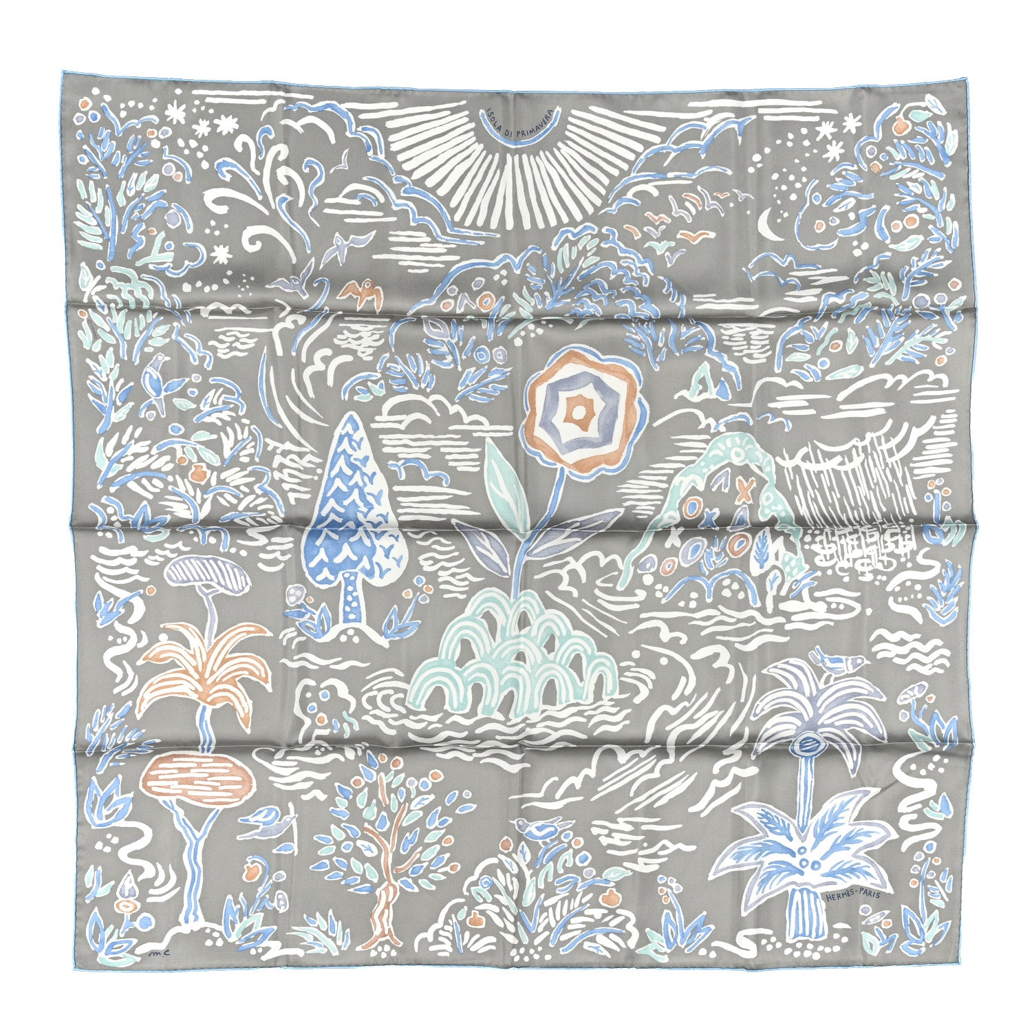 Hermes Silk Isola Di Primavera Scarf 90 Gris Clair Bleu Paradis 1 of 5