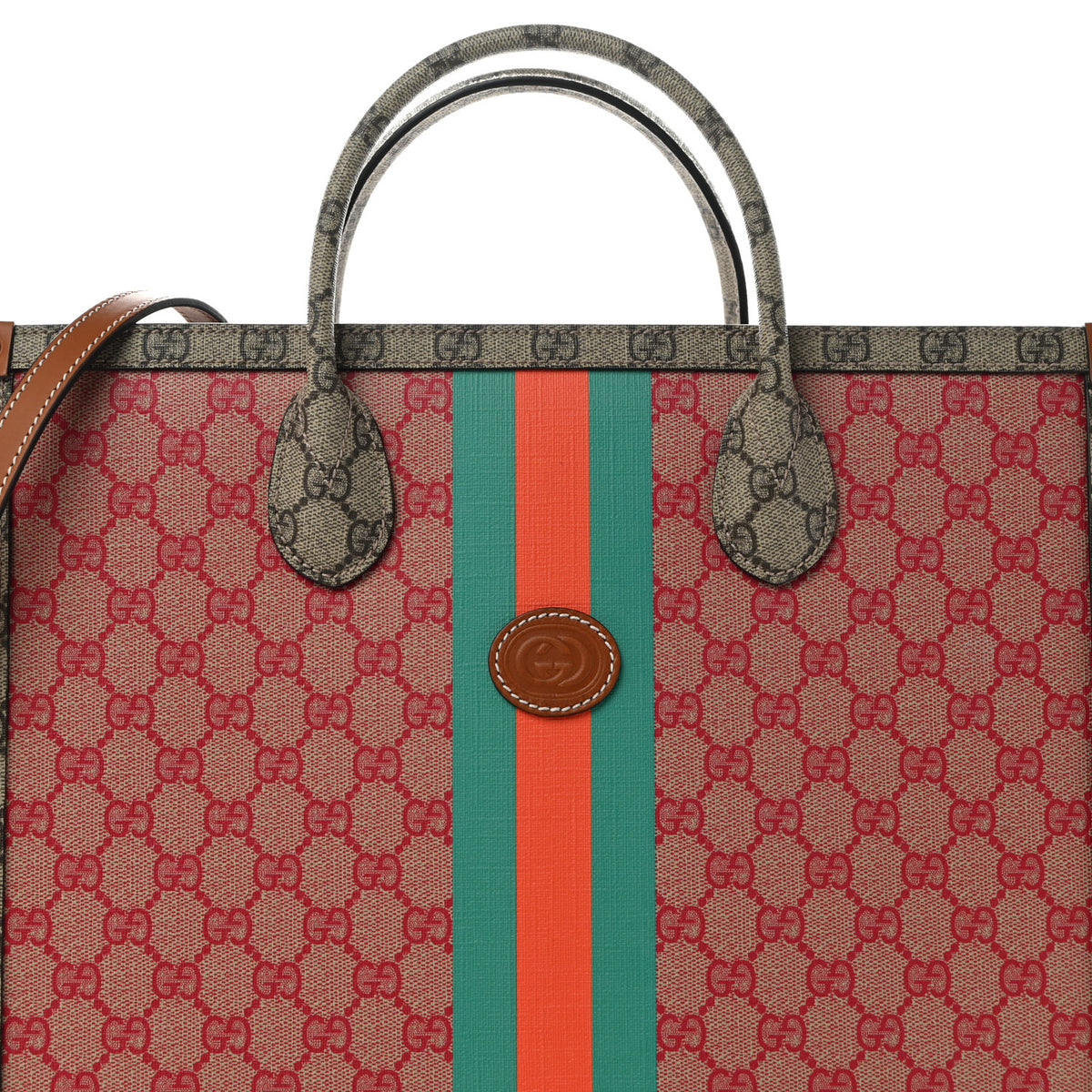 Gucci X DANS LE VERT GG Supreme Monogram Cuoio Web Large Retro Interlocking Tote Beige Rosso Ebony Harness Brown 9 of 11