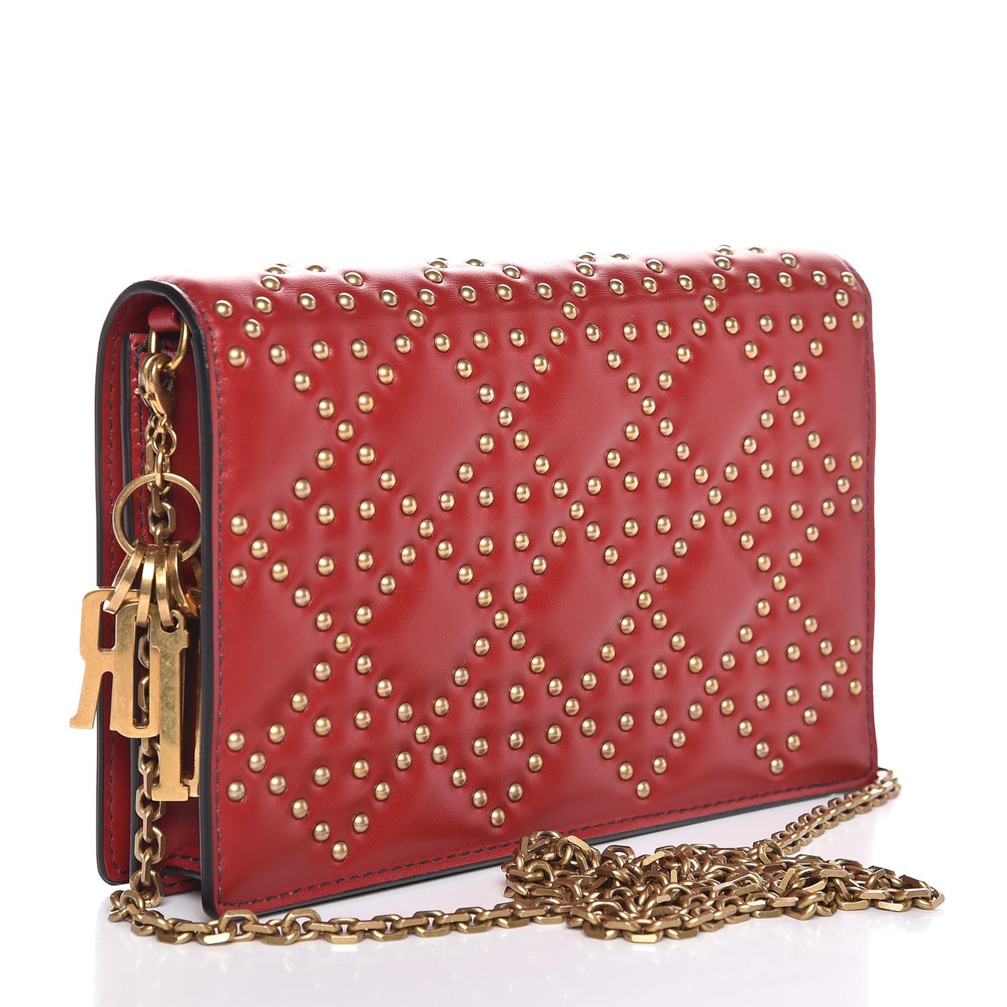Calfskin Cannage Studded Lady Dior Wallet on Chain Deep Red