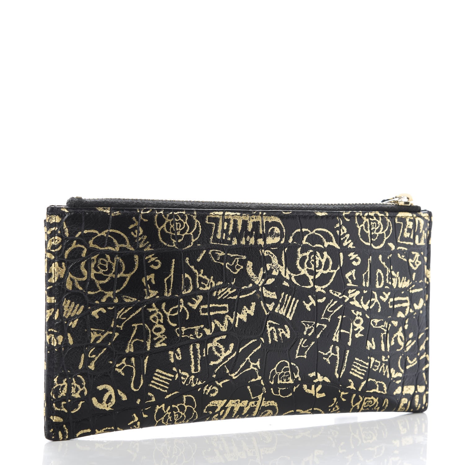 Chanel Calfskin Crocodile Embossed Graffiti 2.55 Cocodile Reissue Zip Pouch Black Gold 3 of 9