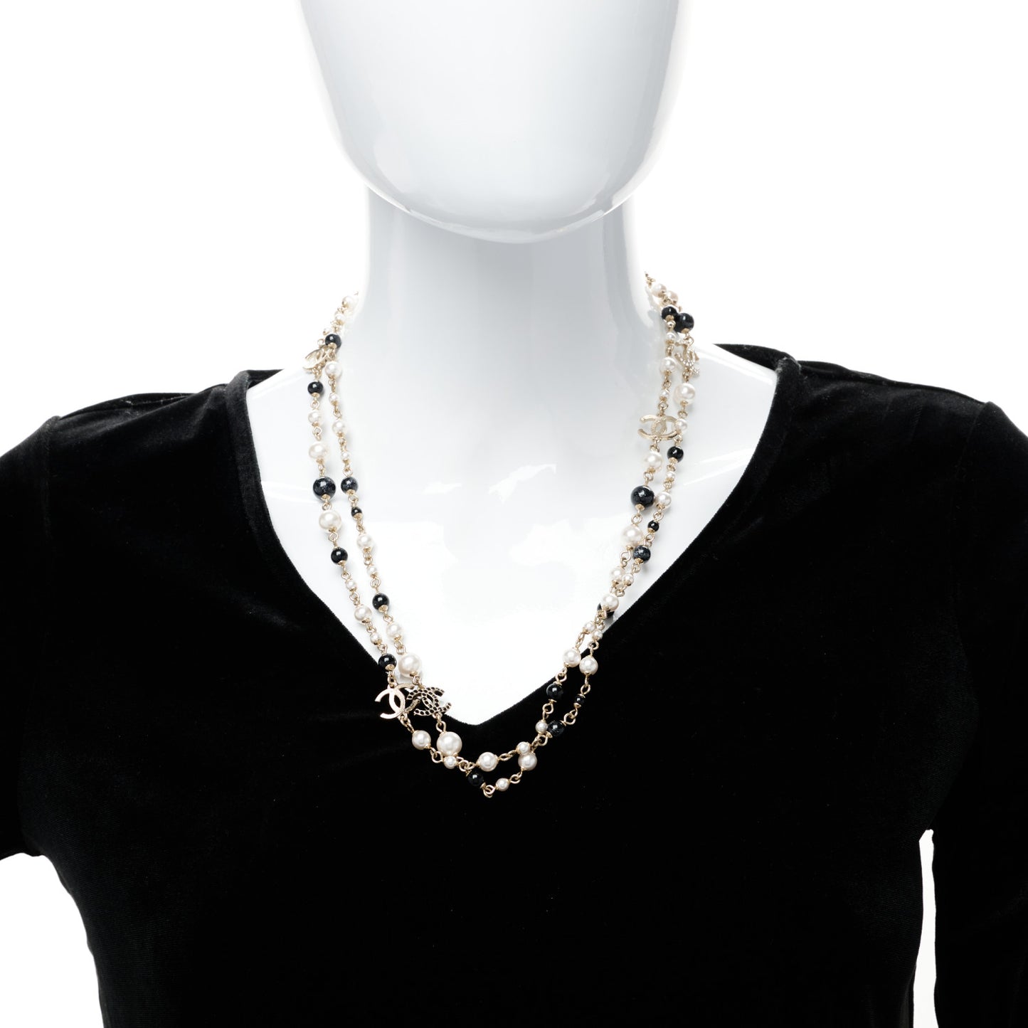 Pearl Bead Crystal CC Long Necklace Black Gold