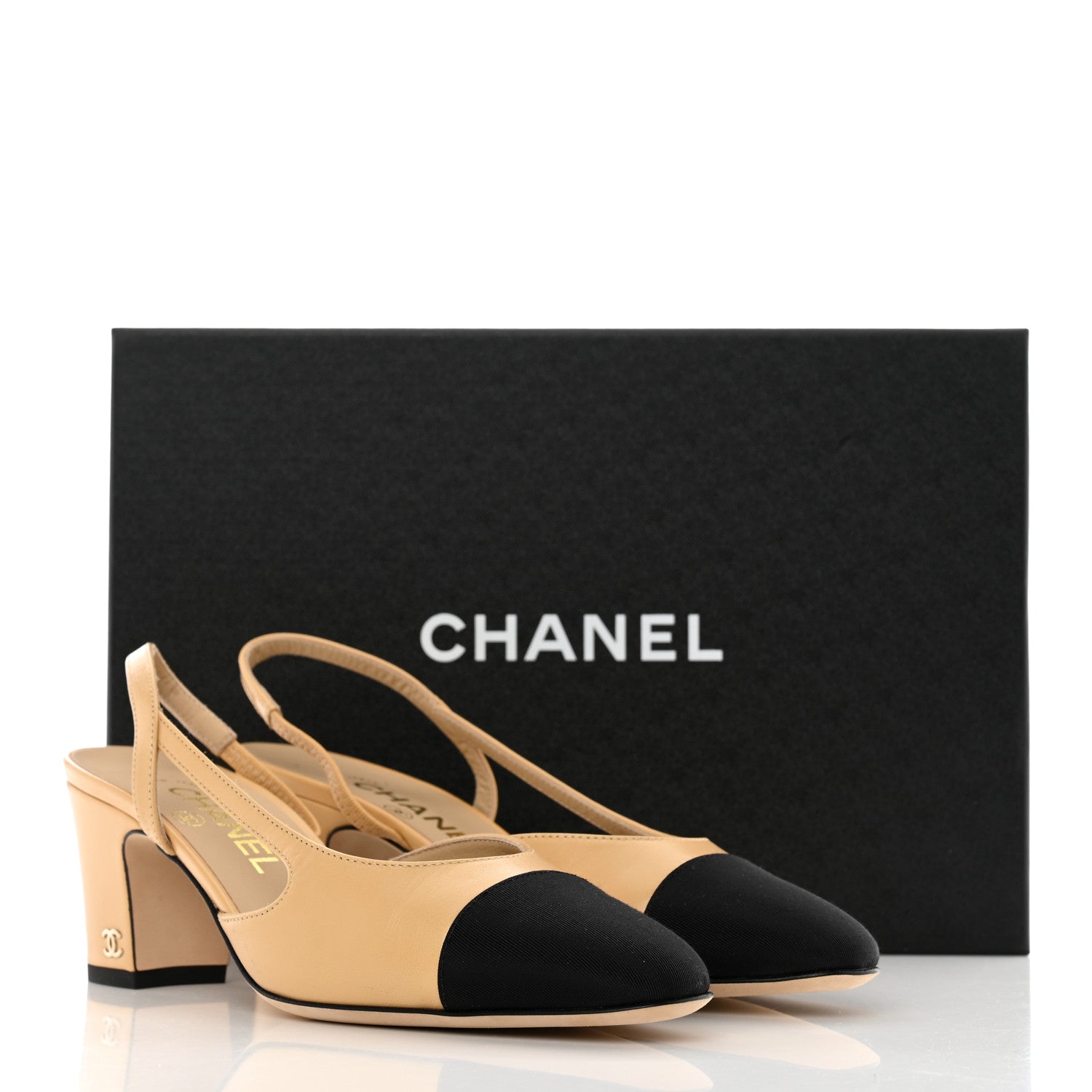 Chanel Lambskin Grosgrain Cap Toe CC Slingback Pumps 36.5 Beige Black 9 of 9