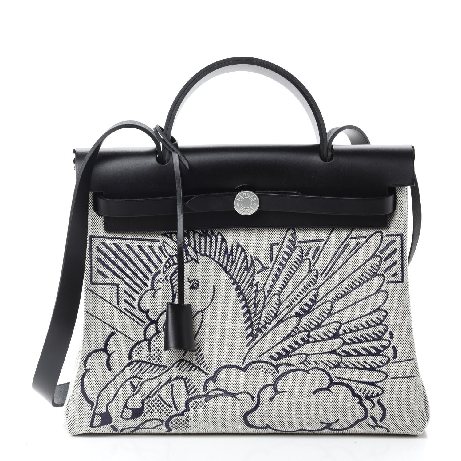 Hermes Vache Hunter Toile H Pegase Pop Herbag Zip Retourne 31 PM Bleu Indigo Ecru Black 3 of 11