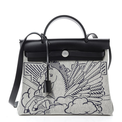 Hermes Vache Hunter Toile H Pegase Pop Herbag Zip Retourne 31 PM Bleu Indigo Ecru Black 3 of 11
