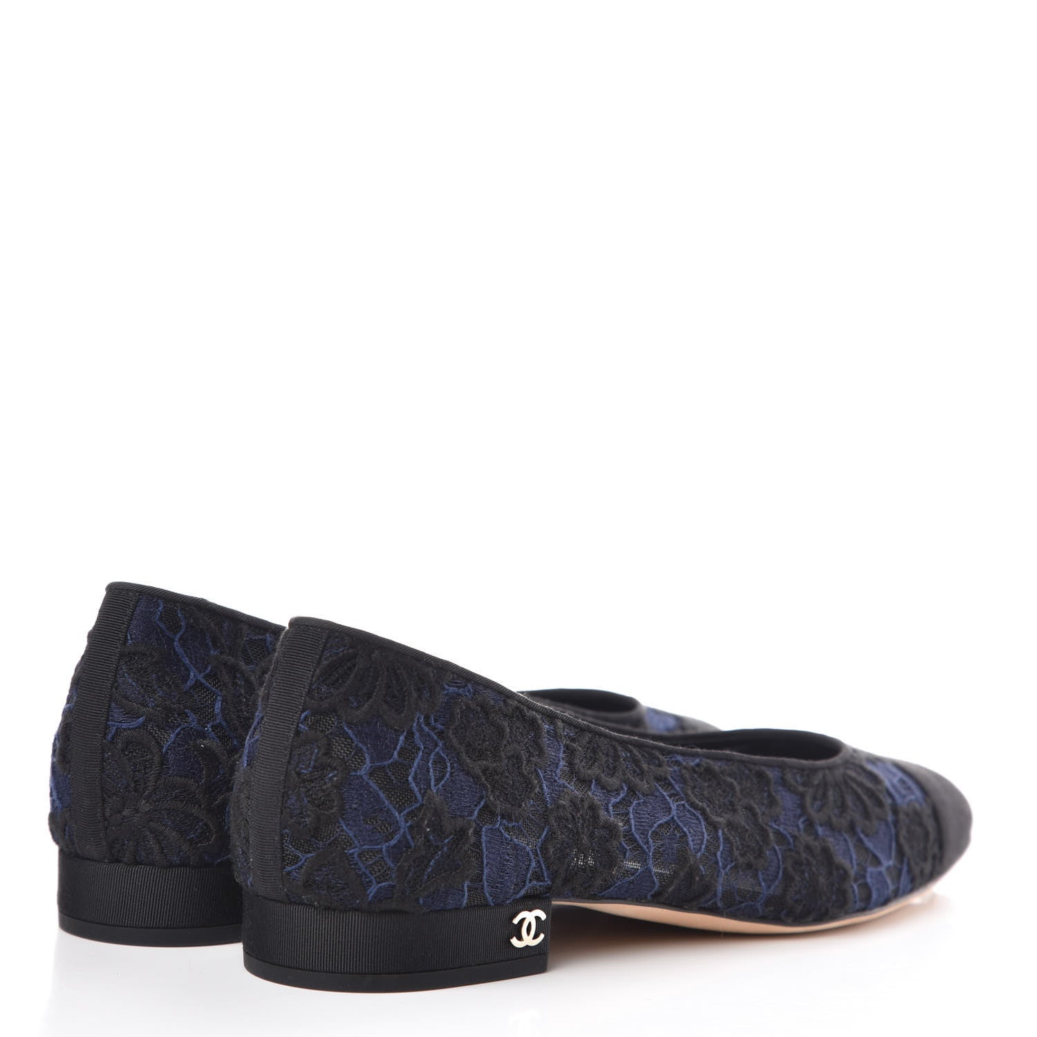 Chanel Lace Grosgrain Cap Toe CC Ballerina Flats 37 Navy Black 4 of 9