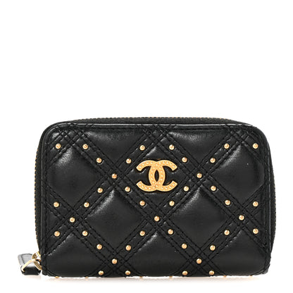 Chanel Lambskin Studded Quilted Compact Zip Around Wallet Black 1 of 7