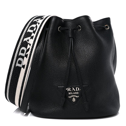 Prada Vitello Daino Soft Drawstring Bucket Bag Black 1 of 9