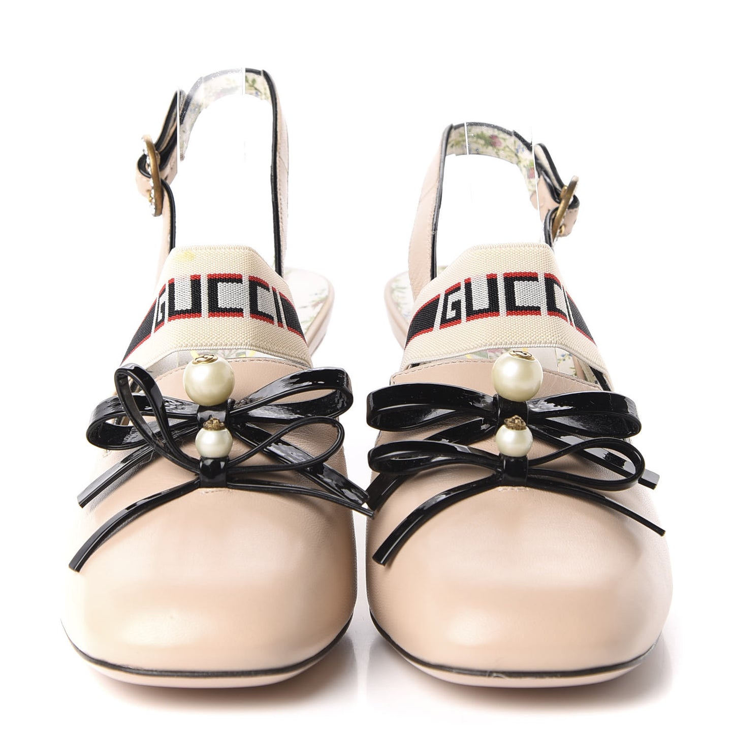 Malaga Kid Bow Ace Stripe Mid Heel Slingback Pumps 40.5 Beige
