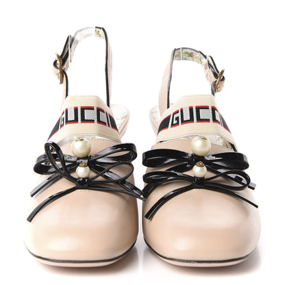 Gucci Malaga Kid Bow Ace Stripe Mid Heel Slingback Pumps 40.5 Beige 2 of 9