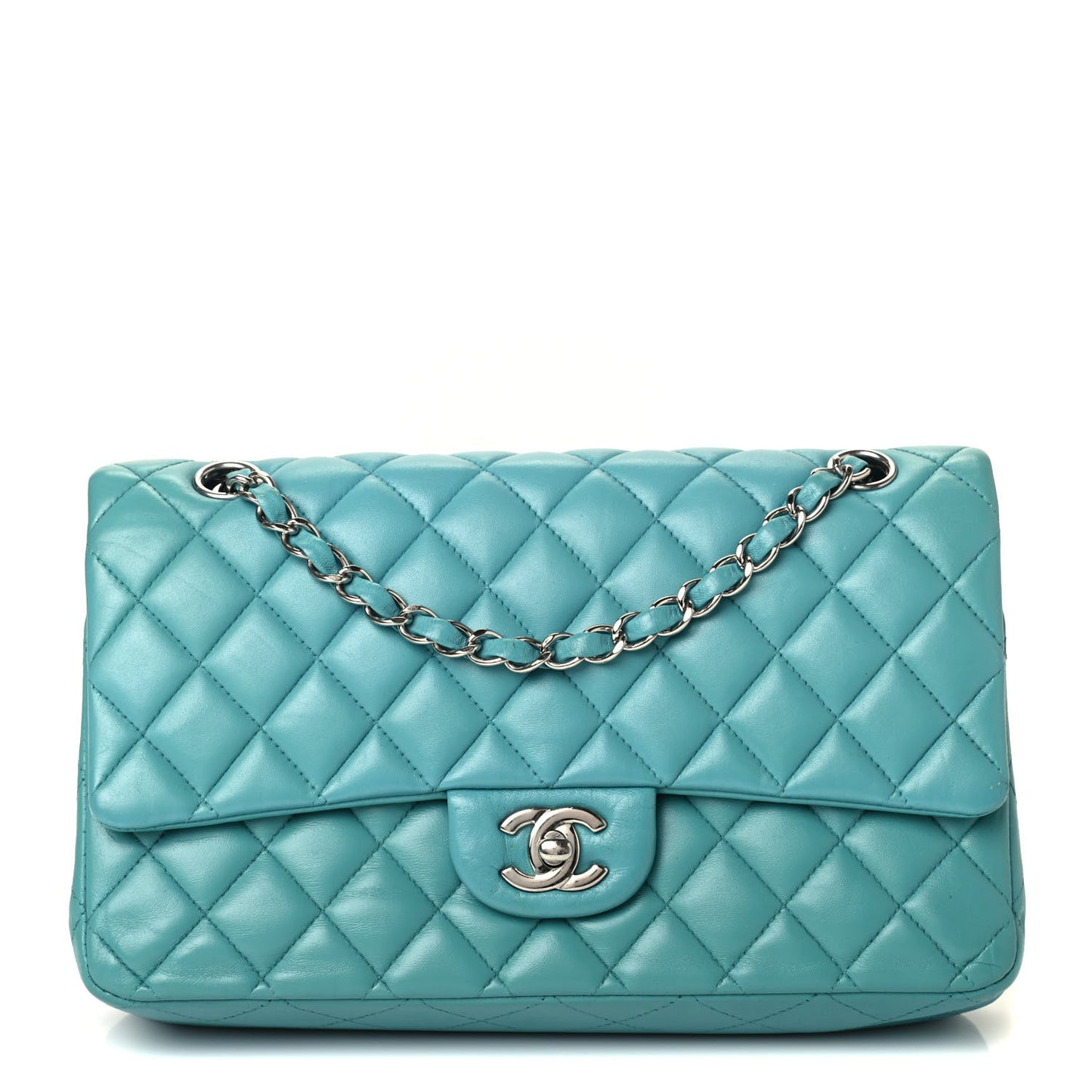 Lambskin Quilted Medium Double Flap Turquoise