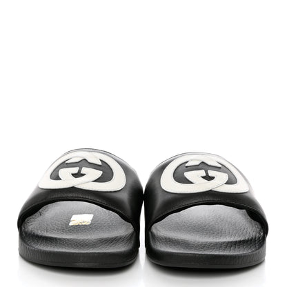 Gucci Nappa Miro Soft Calfskin Interlocking G Mens Slide Sandals 9 Black White 2 of 10