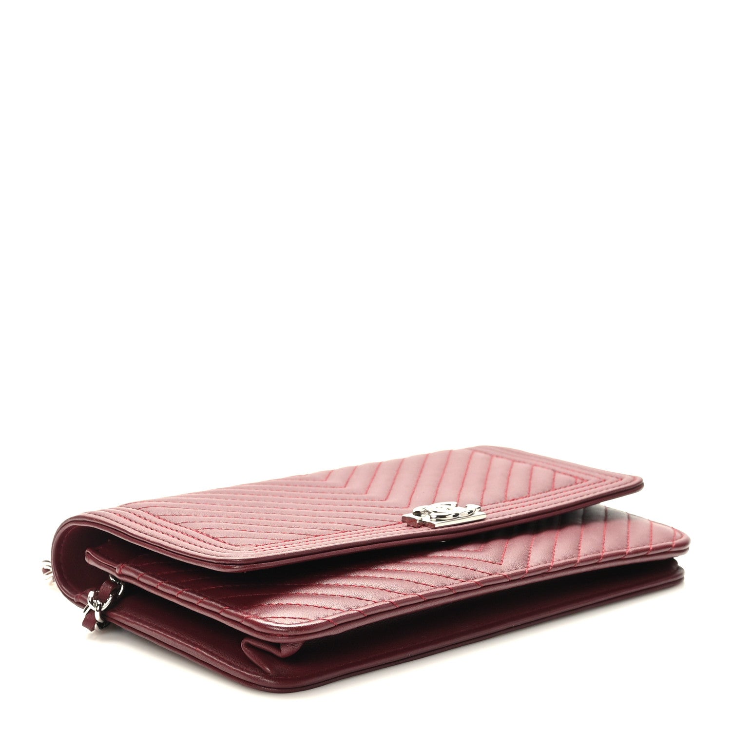 Chanel Calfskin Chevron Quilted Boy Wallet On Chain WOC Burgundy 4 of 11