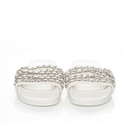 Chanel Tweed Lambskin Chain Flat Sandals 38 White 2 of 7